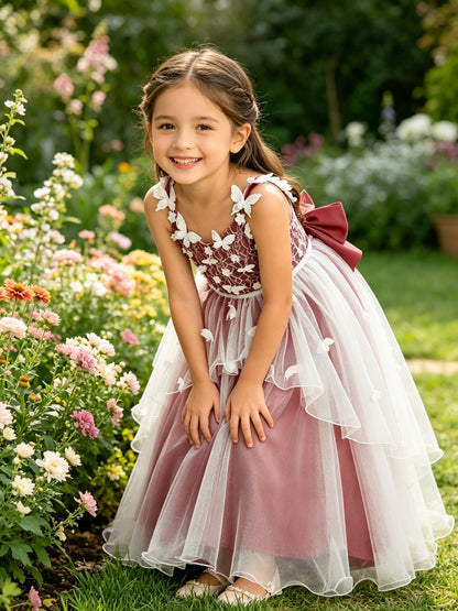Girls Burgundy Tulle Flower Girl Dress Sleeveless A-Line with 3D Butterflies and Back Bow for Wedding