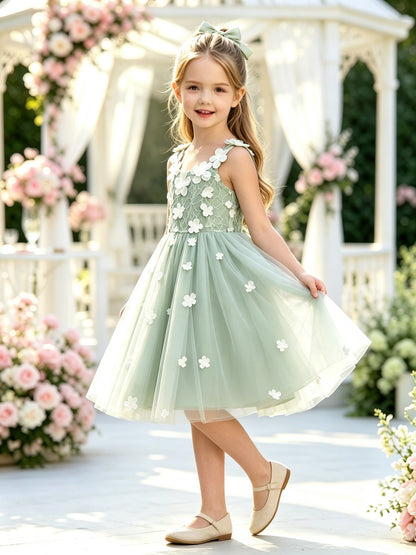 Girls Mint Tulle Flower Girl Dress Sleeveless Knee-Length A-Line with 3D Flowers and Lace-Up Bow Back for Wedding