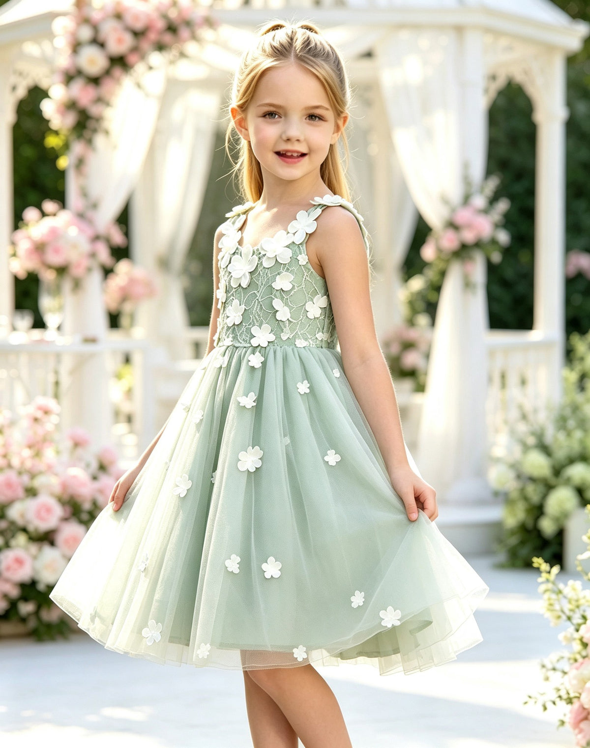 Girls Mint Tulle Flower Girl Dress Sleeveless Knee-Length A-Line with 3D Flowers and Lace-Up Bow Back for Wedding