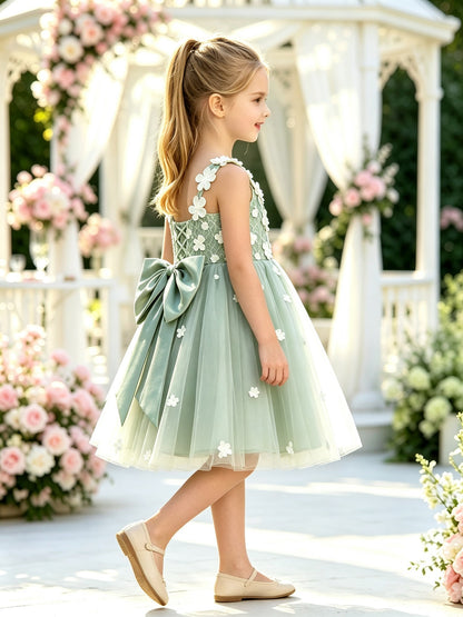 Girls Mint Tulle Flower Girl Dress Sleeveless Knee-Length A-Line with 3D Flowers and Lace-Up Bow Back for Wedding