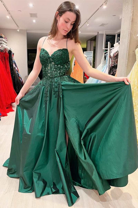 Emerald Green Prom UK Graduation Dresses A-Line Lace Satin Evening Dress