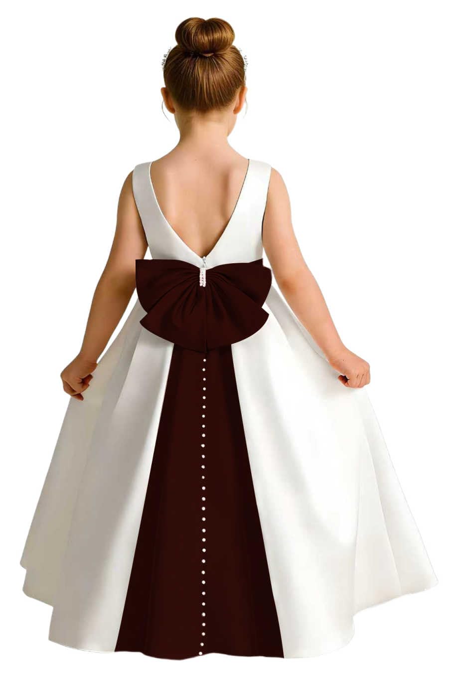 Girls Ivory Satin Flower Girl Dress Sleeveless A-Line Ball Gown with Green Sash for Wedding