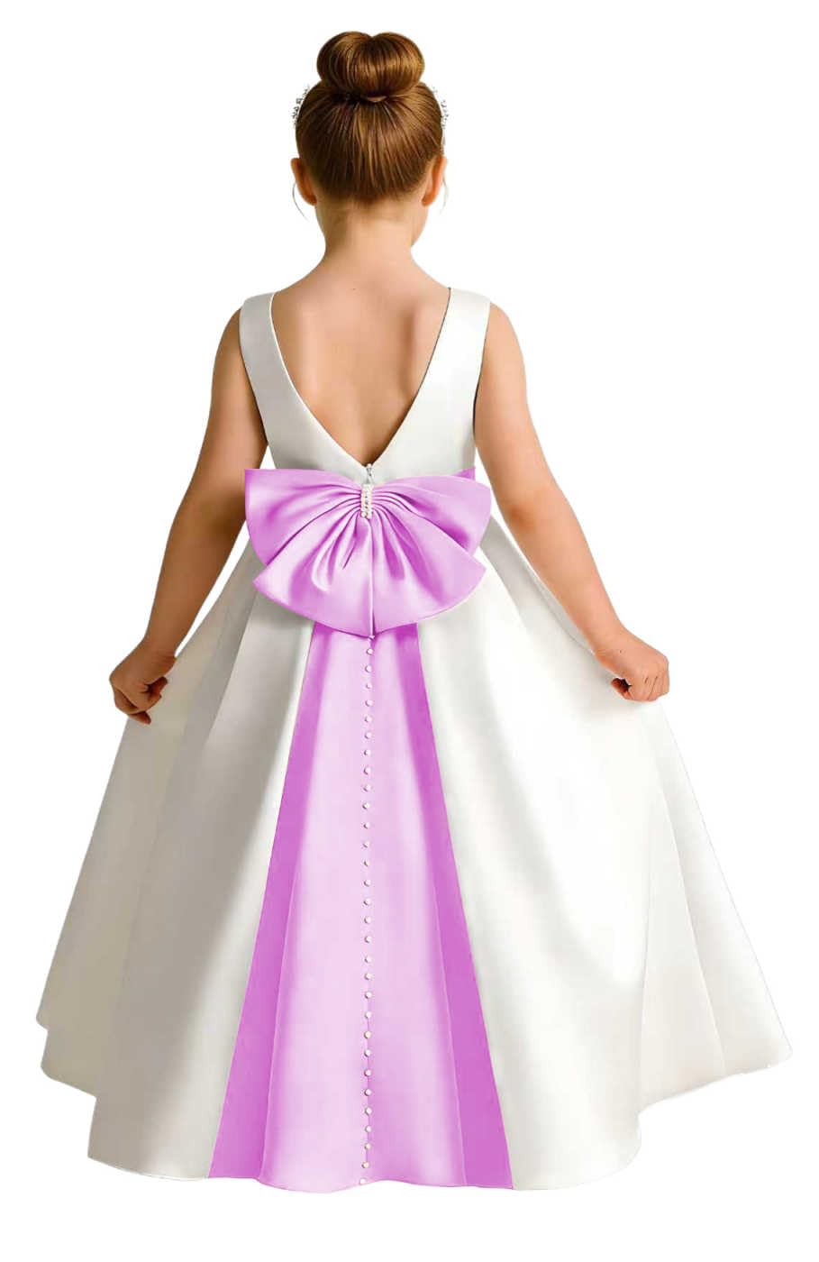 Girls Ivory Satin Flower Girl Dress Sleeveless A-Line Ball Gown with Green Sash for Wedding