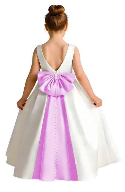 Girls Ivory Satin Flower Girl Dress Sleeveless A-Line Ball Gown with Green Sash for Wedding