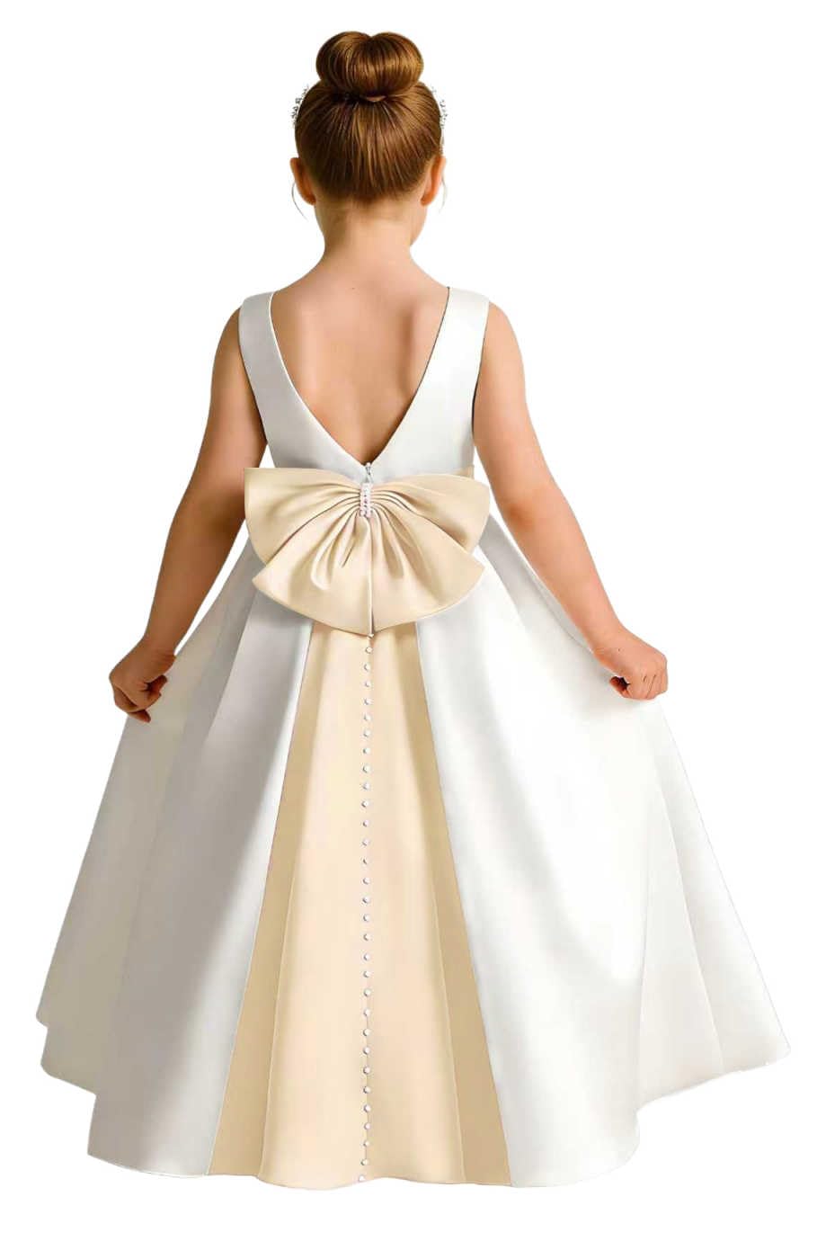 Girls Ivory Satin Flower Girl Dress Sleeveless A-Line Ball Gown with Green Sash for Wedding