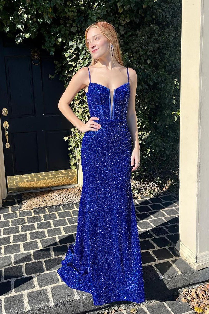 Cute Mermaid Sequins Spaghetti Straps Long Royal Blue Prom Dresses,PD243000