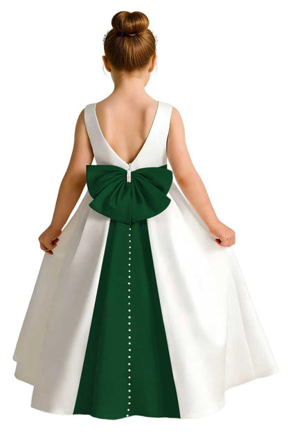 Girls Ivory Satin Flower Girl Dress Sleeveless A-Line Ball Gown with Green Sash for Wedding