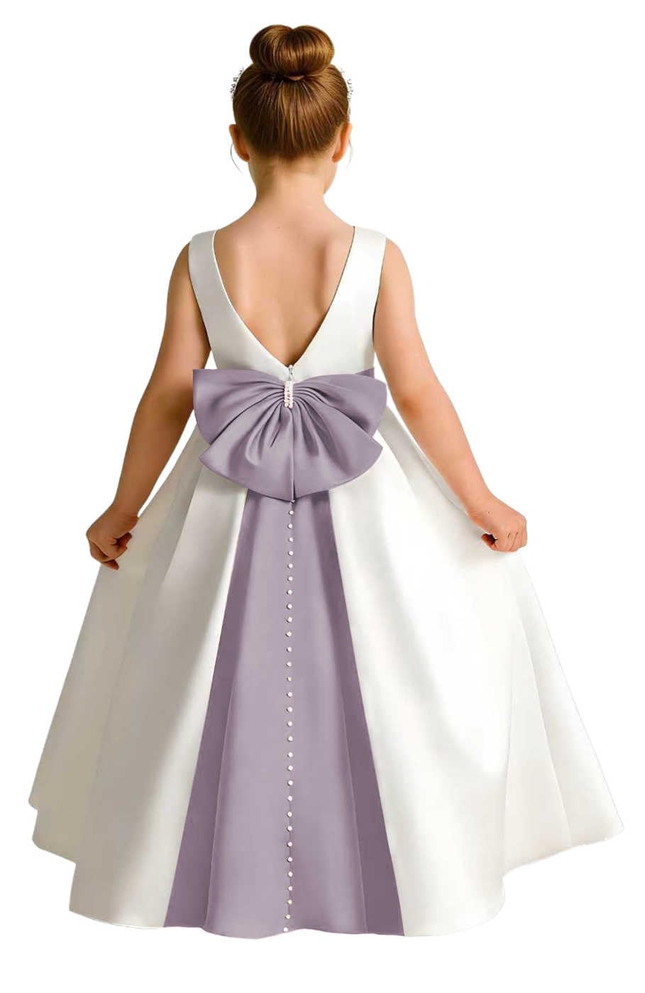 Girls Ivory Satin Flower Girl Dress Sleeveless A-Line Ball Gown with Green Sash for Wedding