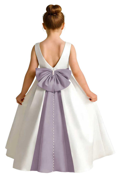 Girls Ivory Satin Flower Girl Dress Sleeveless A-Line Ball Gown with Green Sash for Wedding