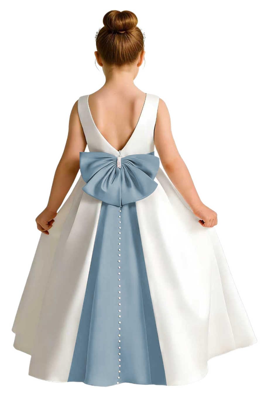 Girls Ivory Satin Flower Girl Dress Sleeveless A-Line Ball Gown with Green Sash for Wedding