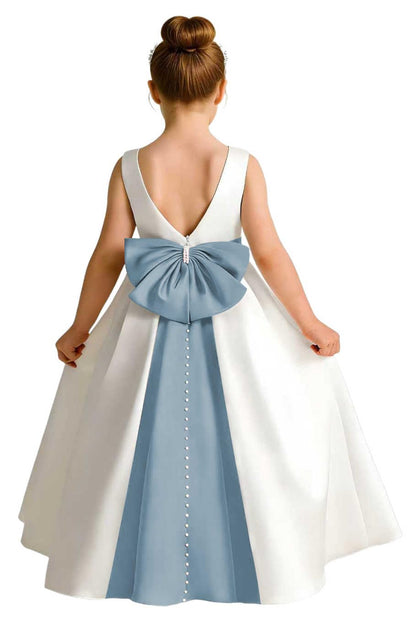 Girls Ivory Satin Flower Girl Dress Sleeveless A-Line Ball Gown with Green Sash for Wedding