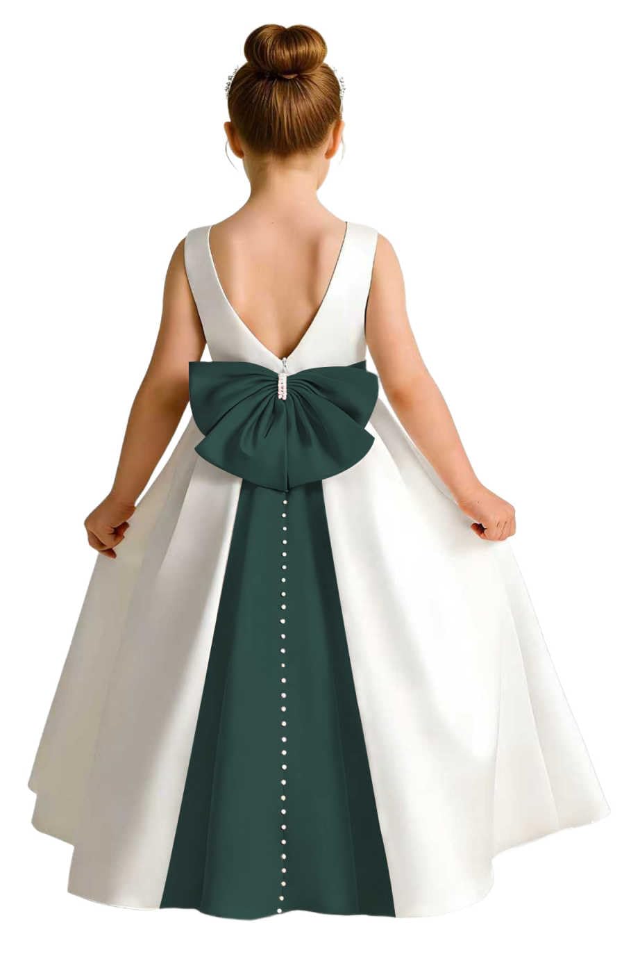 Girls Ivory Satin Flower Girl Dress Sleeveless A-Line Ball Gown with Green Sash for Wedding