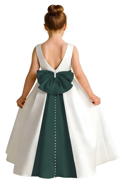 Girls Ivory Satin Flower Girl Dress Sleeveless A-Line Ball Gown with Green Sash for Wedding
