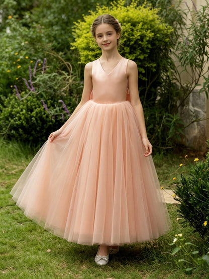 Girls Peach Tulle Flower Girl Dress