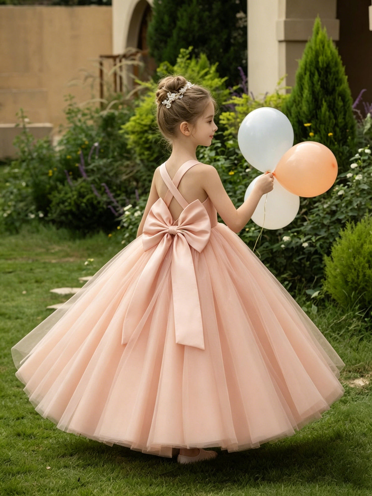 Girls Peach Tulle Flower Girl Dress