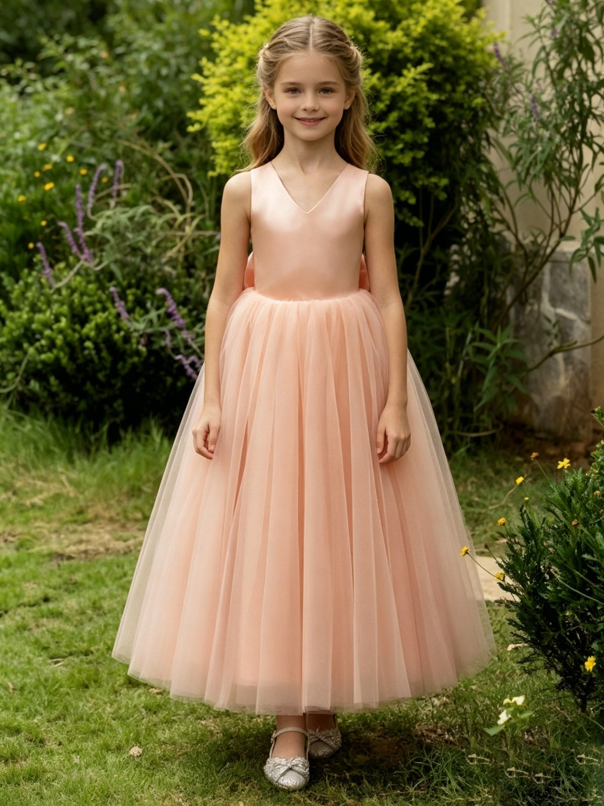 Girls Peach Tulle Flower Girl Dress