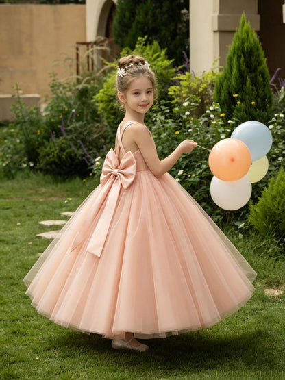 Girls Peach Tulle Flower Girl Dress