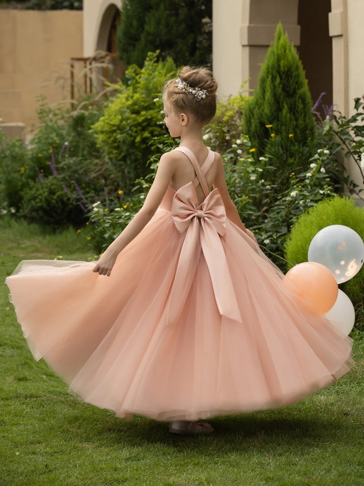 Girls Peach Tulle Flower Girl Dress