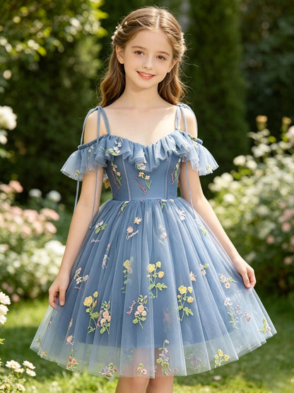 Girls Dusty Blue Tulle Flower Girl Dress
