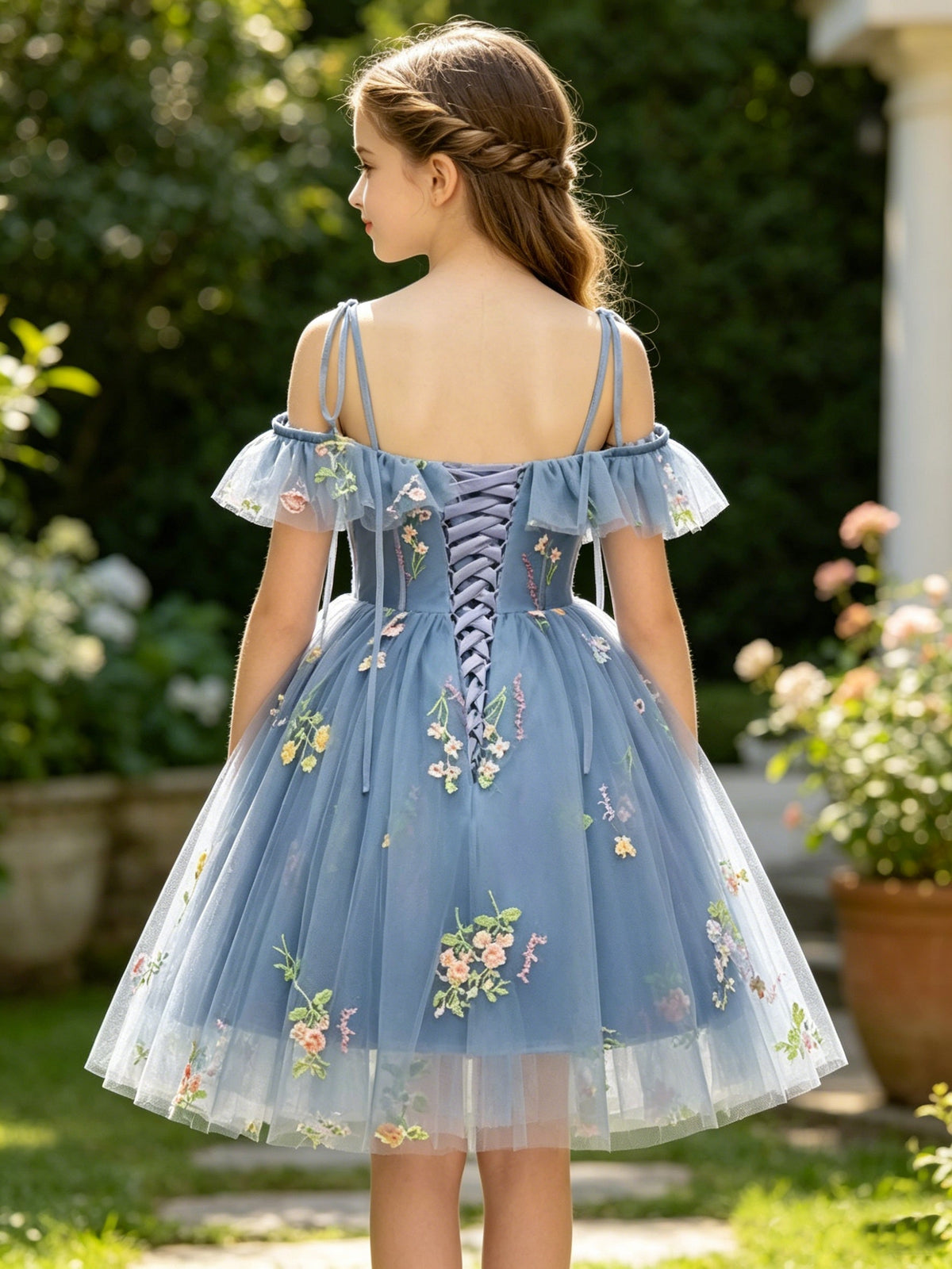 Girls Dusty Blue Tulle Flower Girl Dress