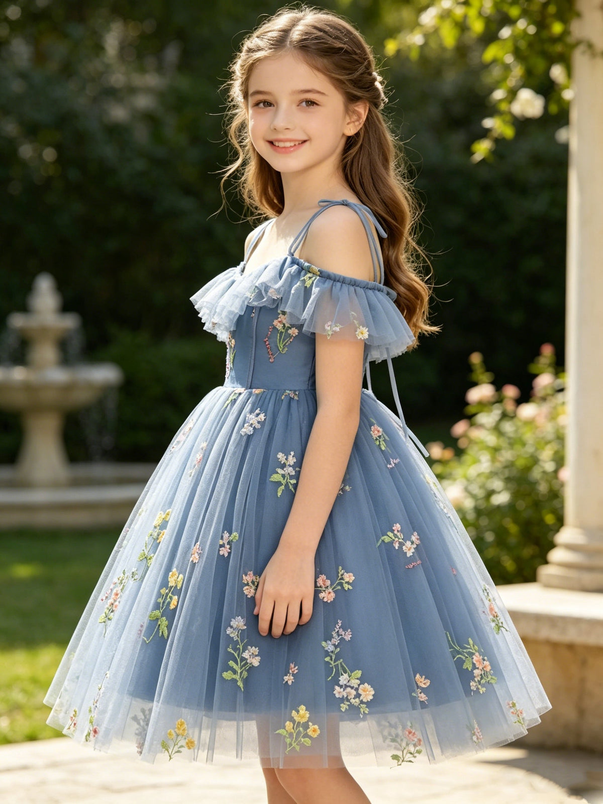 Girls Dusty Blue Tulle Flower Girl Dress