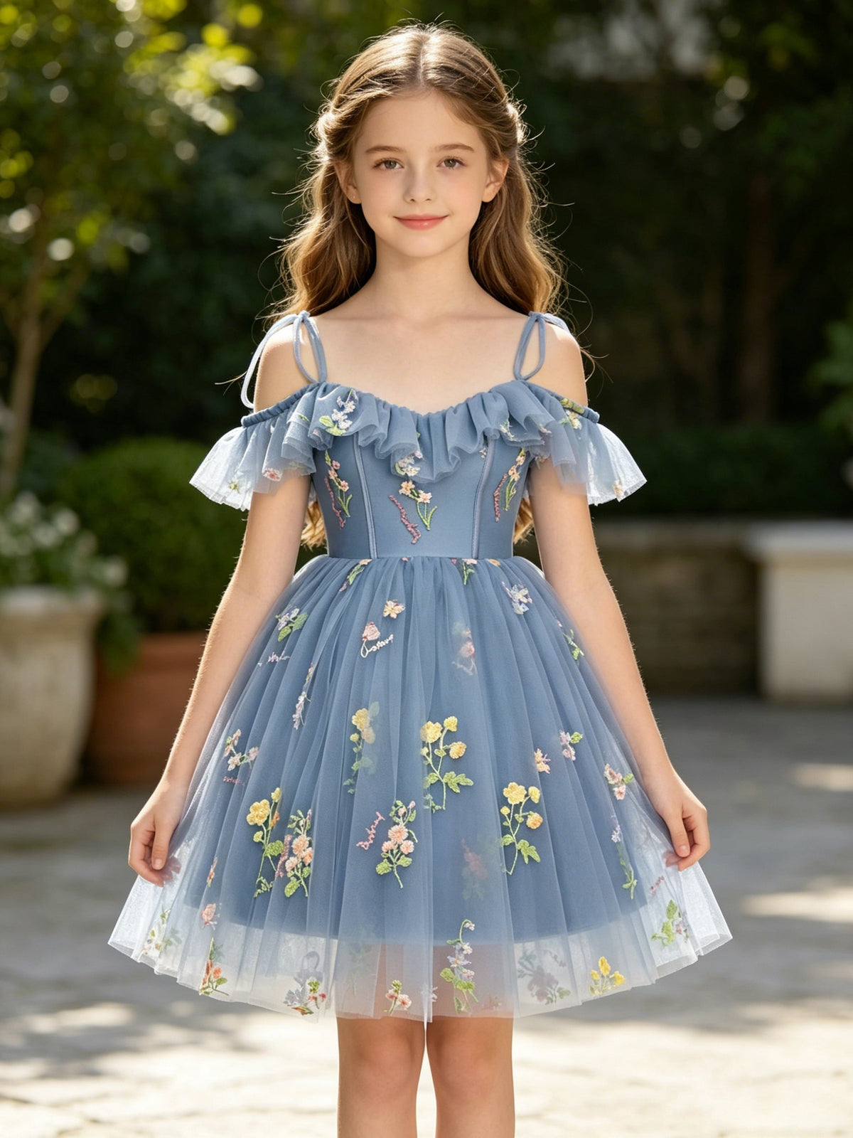 Girls Dusty Blue Tulle Flower Girl Dress