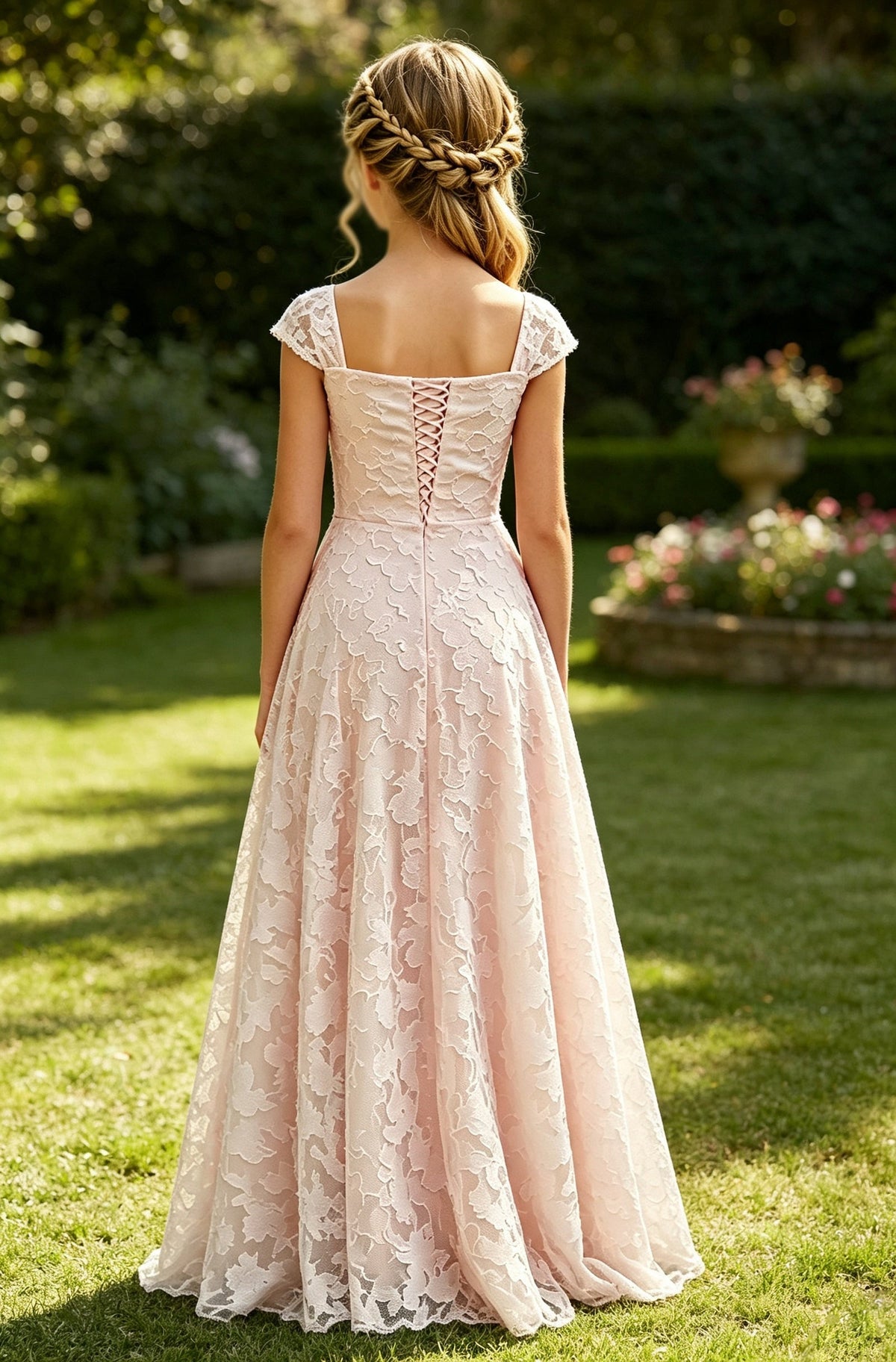 Girls Pink Lace Flower Girl Dress