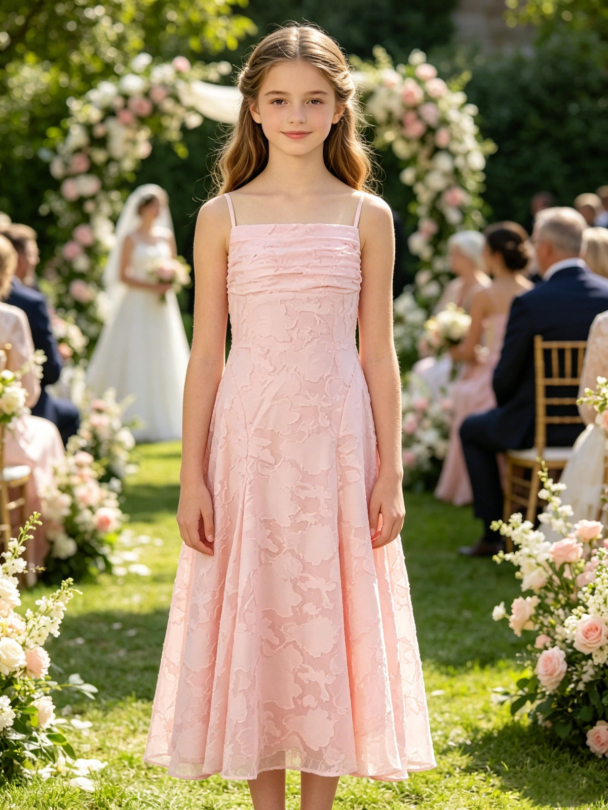 Girls Pink Jacquard Flower Girl Dress