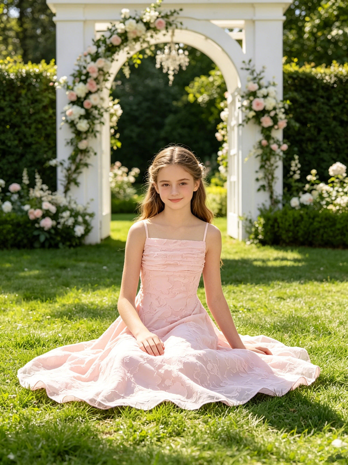 Girls Pink Jacquard Flower Girl Dress
