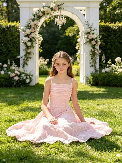 Girls Pink Jacquard Flower Girl Dress