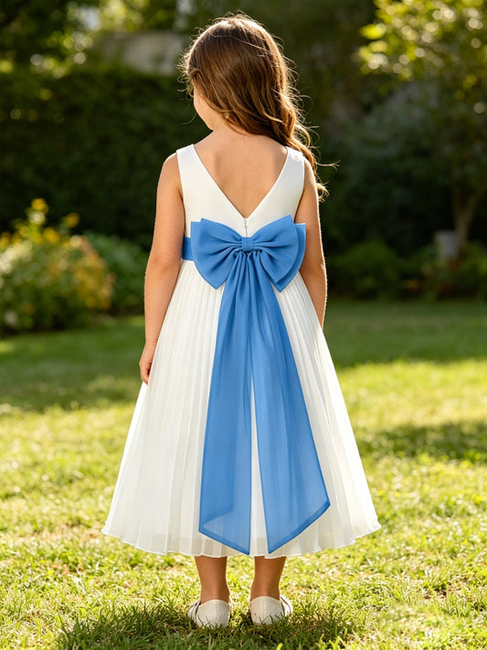 Girls Ivory Chiffon Flower Girl Dress Sleeveless Pleated A-Line with Bow Sash for Wedding