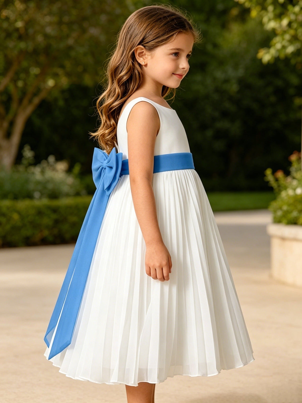 Girls Ivory Chiffon Flower Girl Dress Sleeveless Pleated A-Line with Bow Sash for Wedding