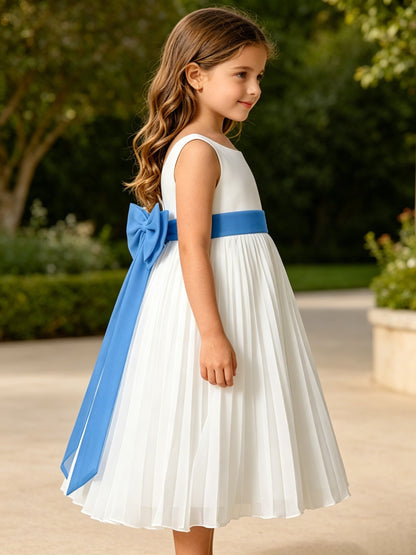 Girls Ivory Chiffon Flower Girl Dress Sleeveless Pleated A-Line with Bow Sash for Wedding