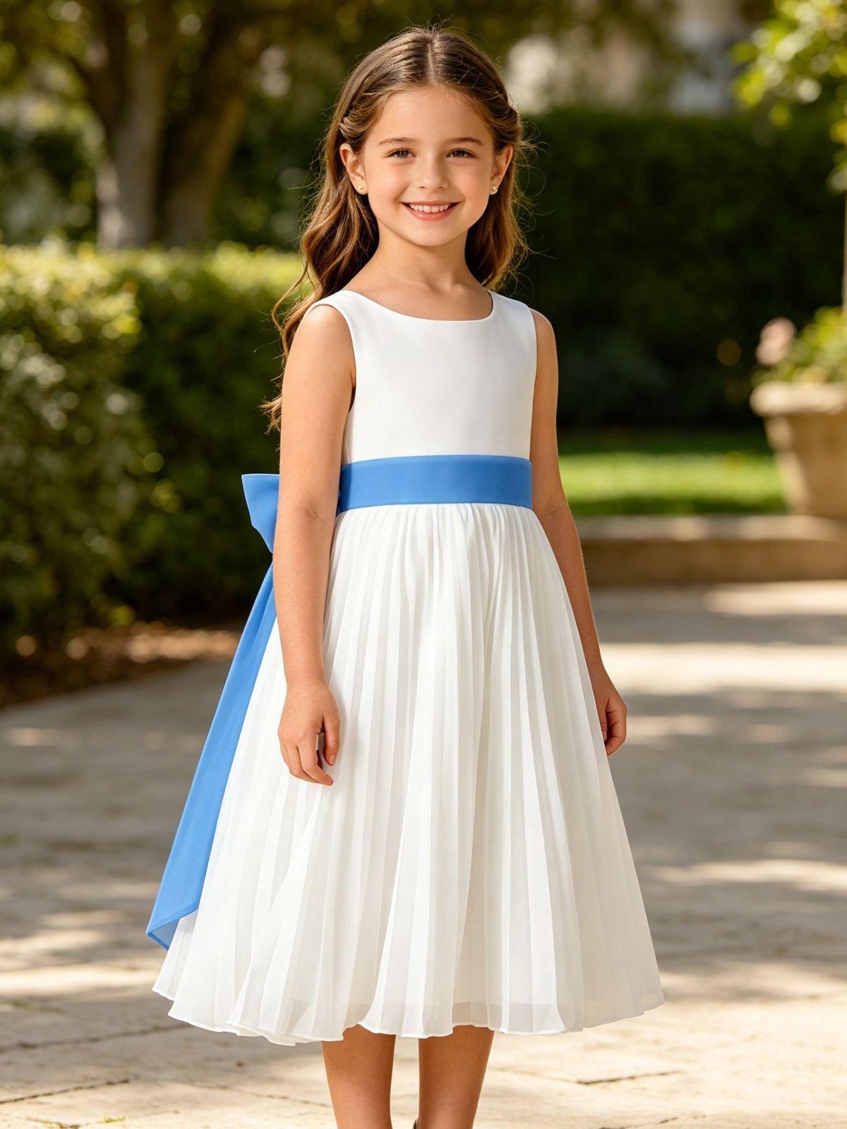 Girls Ivory Chiffon Flower Girl Dress Sleeveless Pleated A-Line with Bow Sash for Wedding