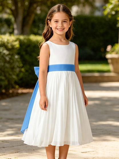 Girls Ivory Chiffon Flower Girl Dress Sleeveless Pleated A-Line with Bow Sash for Wedding