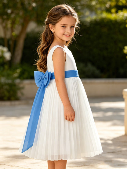 Girls Ivory Chiffon Flower Girl Dress Sleeveless Pleated A-Line with Bow Sash for Wedding