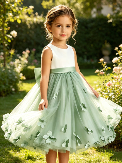 Girls Sage Green Satin Tulle Flower Girl Dress Sleeveless A-Line with 3D Flowers and Bow Sash for Wedding