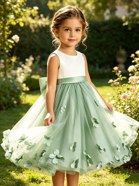 Girls Sage Green Satin Tulle Flower Girl Dress Sleeveless A-Line with 3D Flowers and Bow Sash for Wedding