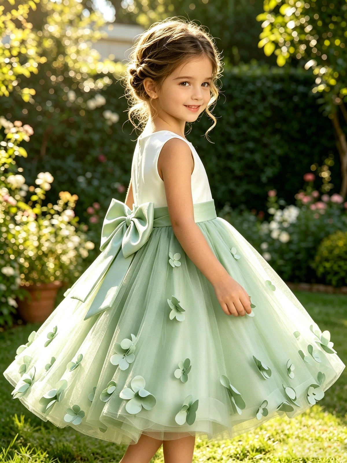 Girls Sage Green Satin Tulle Flower Girl Dress Sleeveless A-Line with 3D Flowers and Bow Sash for Wedding