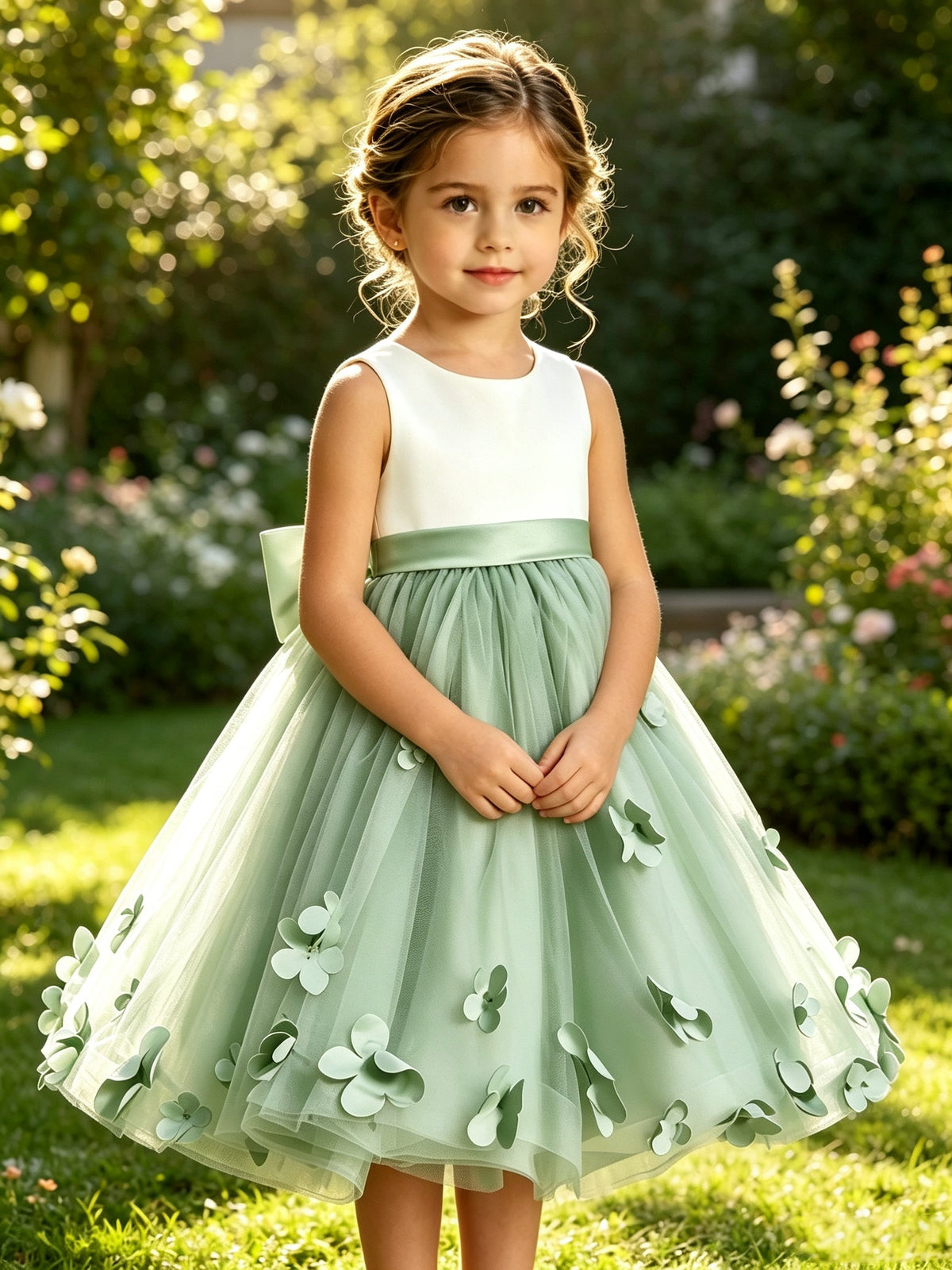Girls Sage Green Satin Tulle Flower Girl Dress Sleeveless A-Line with 3D Flowers and Bow Sash for Wedding
