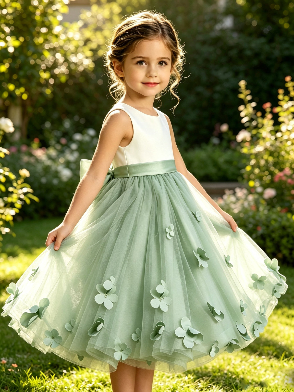 Girls Sage Green Satin Tulle Flower Girl Dress Sleeveless A-Line with 3D Flowers and Bow Sash for Wedding