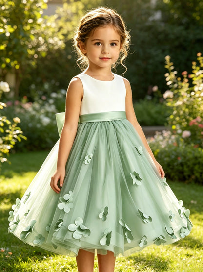 Girls Sage Green Satin Tulle Flower Girl Dress Sleeveless A-Line with 3D Flowers and Bow Sash for Wedding