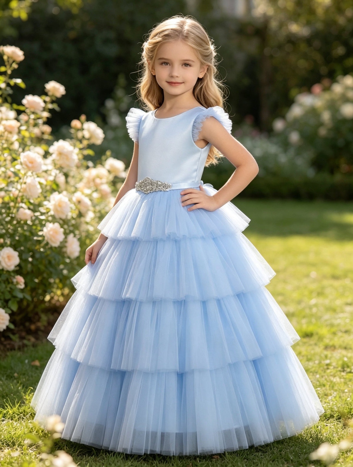 Girls Sky Blue Satin Tulle Flower Girl Dress Flutter Sleeve Tiered A-Line with Rhinestone Belt for Wedding