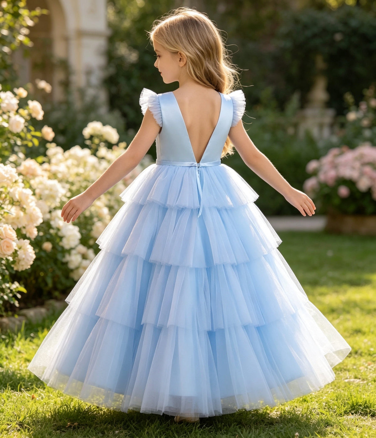 Girls Sky Blue Satin Tulle Flower Girl Dress Flutter Sleeve Tiered A-Line with Rhinestone Belt for Wedding