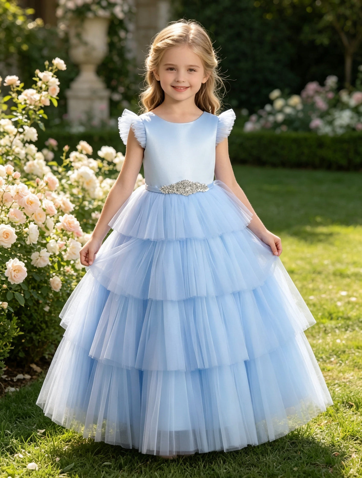 Girls Sky Blue Satin Tulle Flower Girl Dress Flutter Sleeve Tiered A-Line with Rhinestone Belt for Wedding