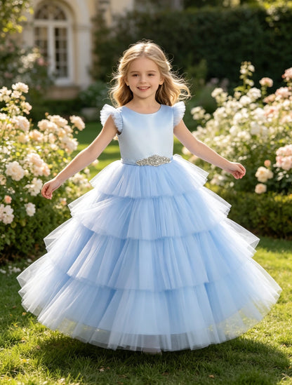 Girls Sky Blue Satin Tulle Flower Girl Dress Flutter Sleeve Tiered A-Line with Rhinestone Belt for Wedding