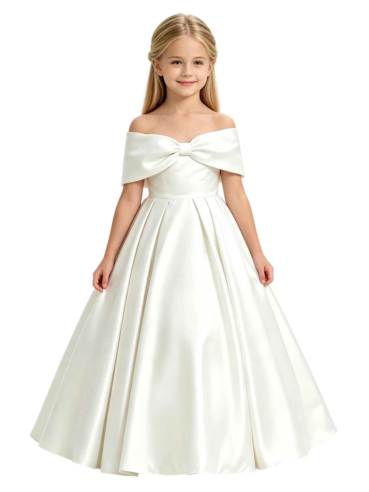 Girls Ivory Satin Flower Girl Dress Off-Shoulder A-Line with Bow for Wedding