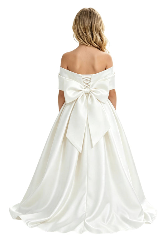 Girls Ivory Satin Flower Girl Dress Off-Shoulder A-Line with Bow for Wedding