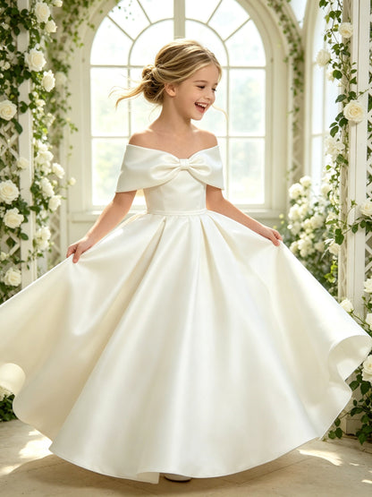 Girls Ivory Satin Flower Girl Dress Off-Shoulder A-Line with Bow for Wedding
