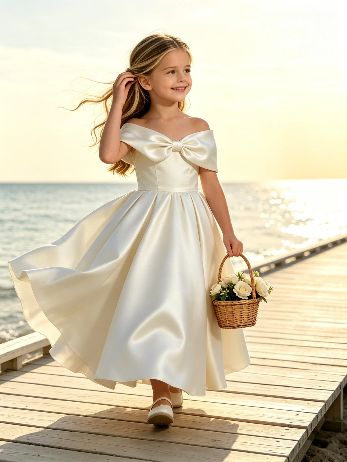 Girls Ivory Satin Flower Girl Dress Off-Shoulder A-Line with Bow for Wedding